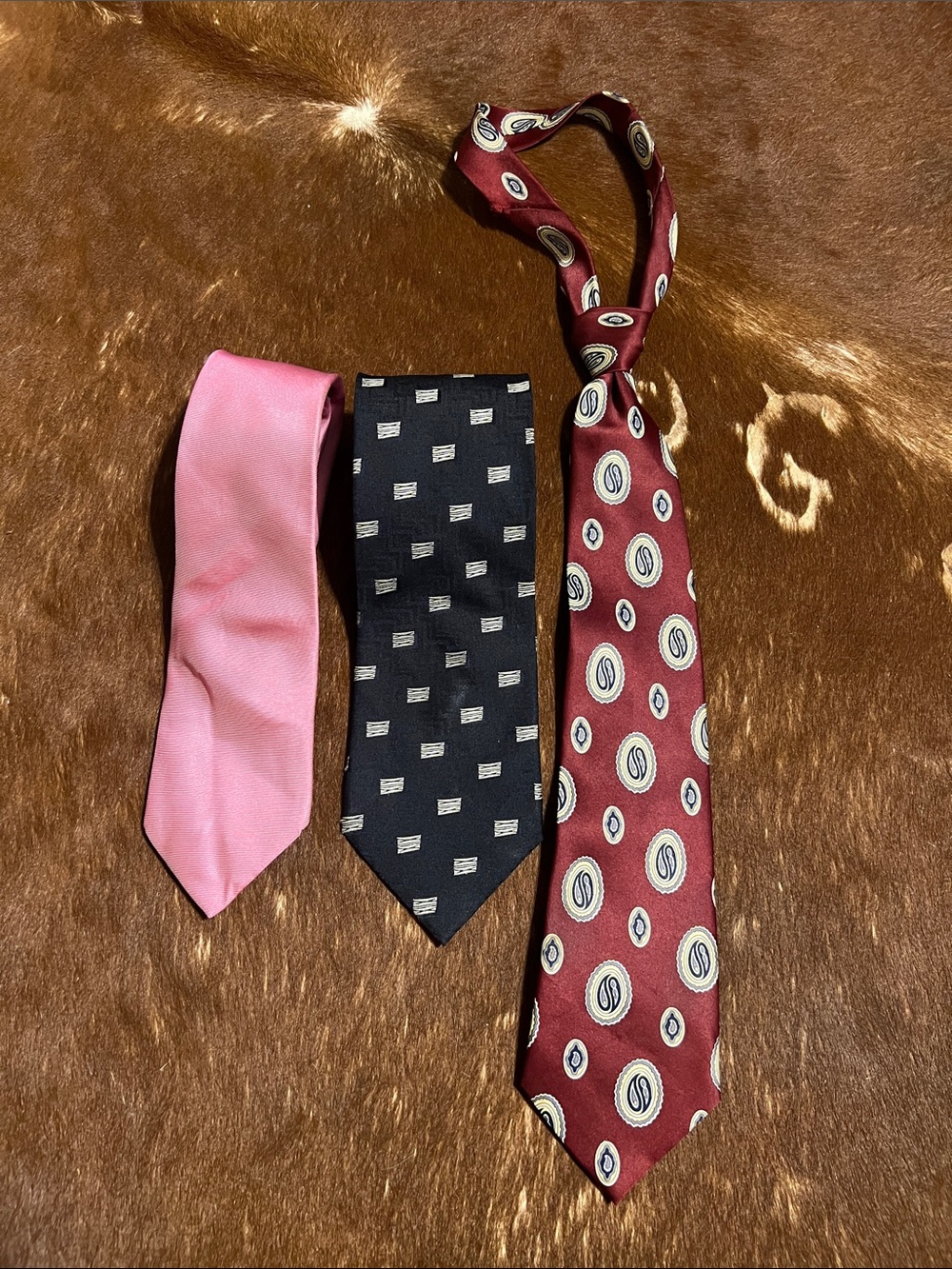 Three Men's Vintage Neckties - Pink, Blue Patterned and Burgundy Medallion